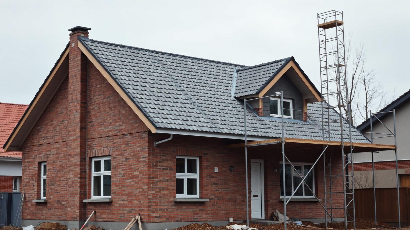 Baustelle eines Einfamilienhauses im Rohbau