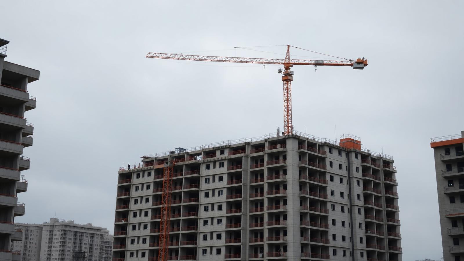Baustelle eines Mehrfamilienhauses mit Baukran im Hintergrund
