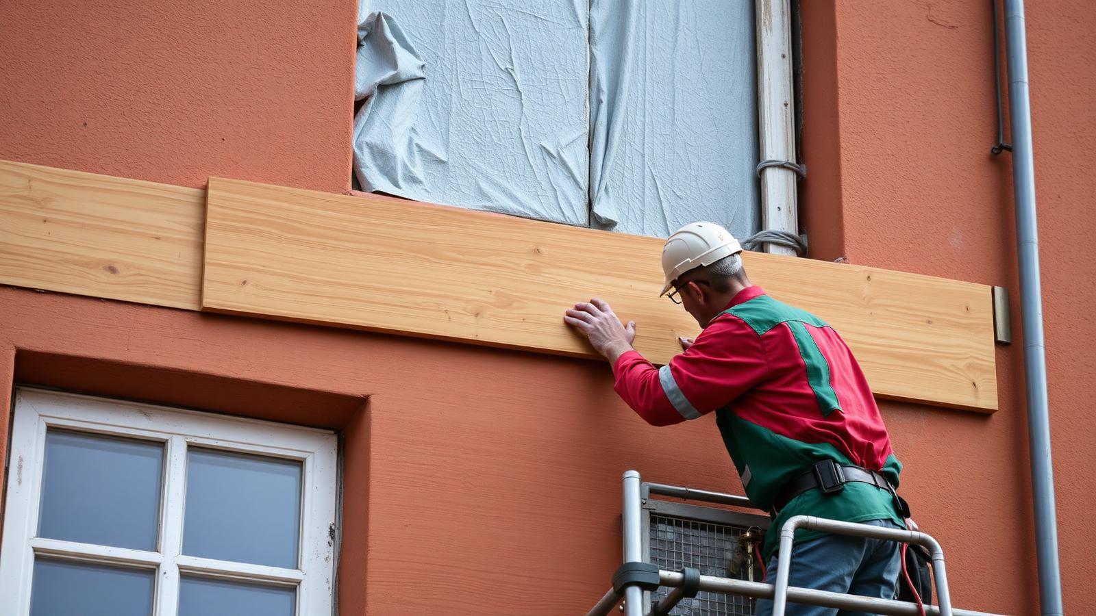 Handwerker bringt Dämmmaterial an einer Altbaufassade an