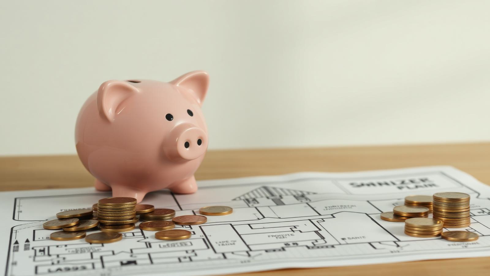 Sparschwein und Bauplan auf einem Tisch symbolisieren Eigenkapitalaufbau