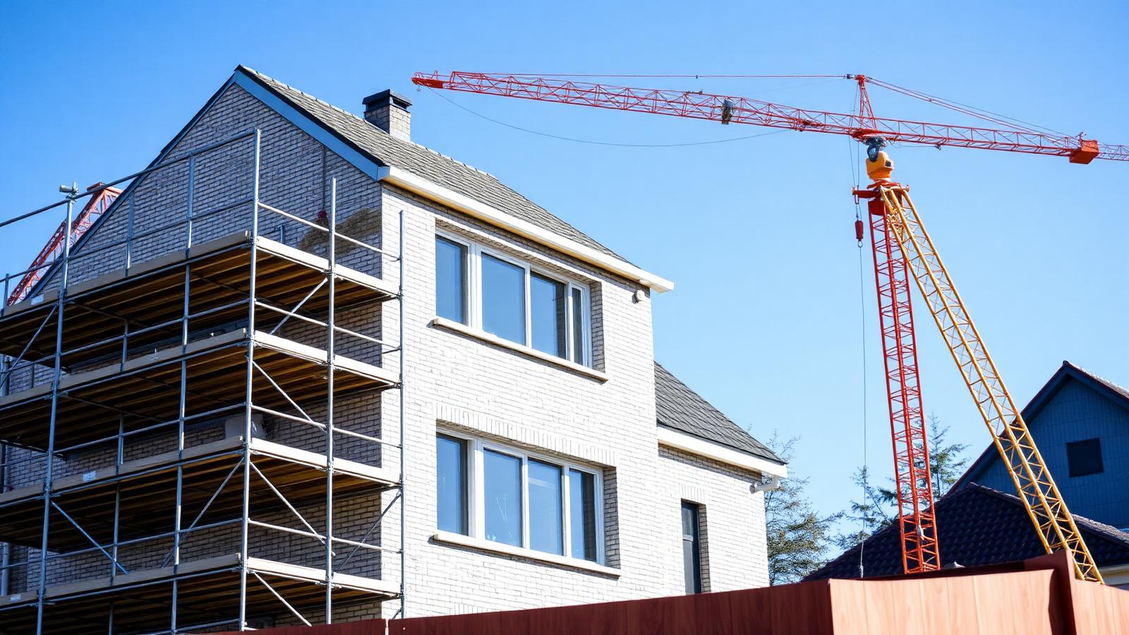Bauplan und Baustelle eines im Rohbau befindlichen Einfamilienhauses