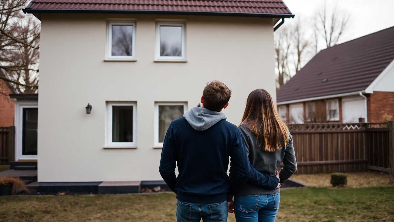 Junges Paar besichtigt gemeinsam ein Einfamilienhaus