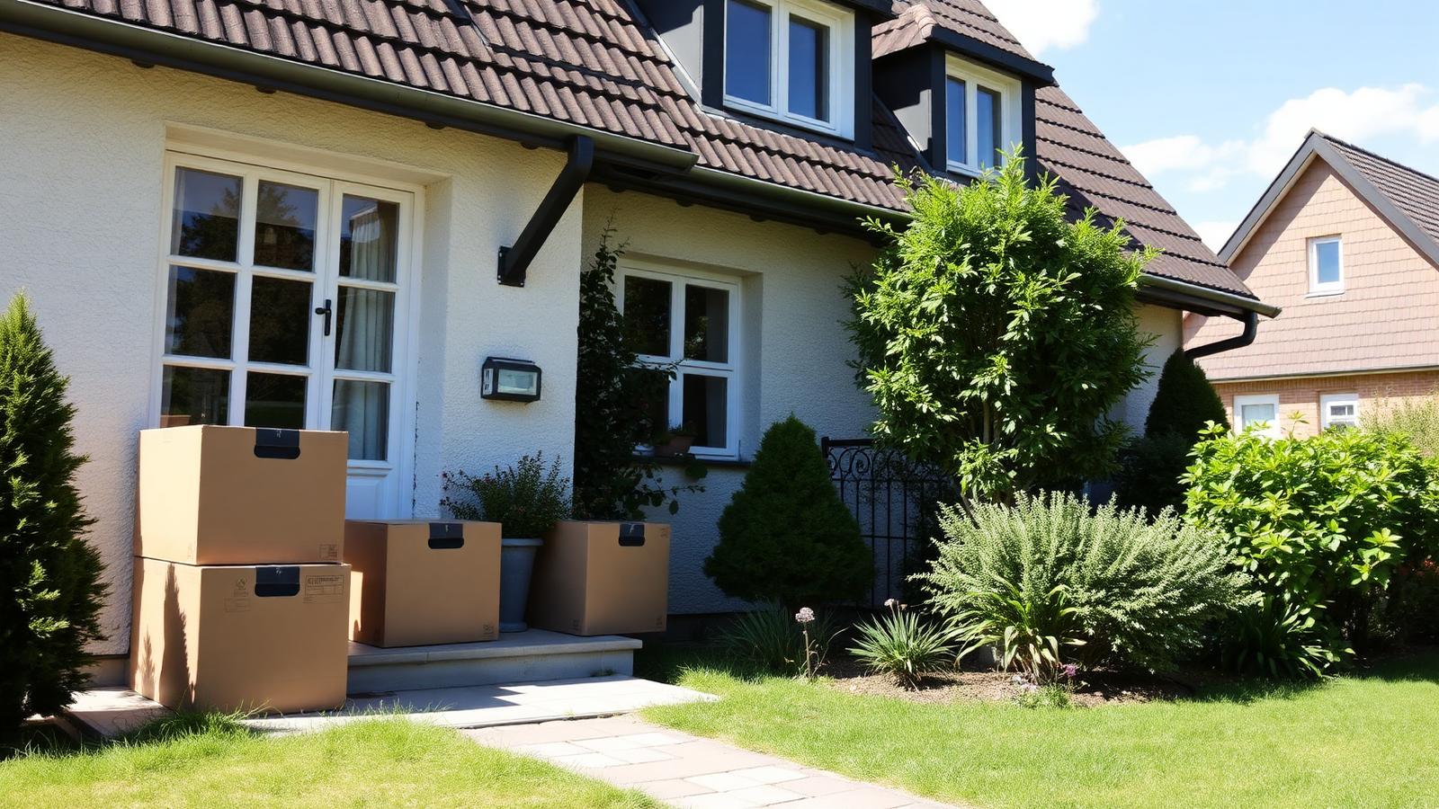 Maklerin übergibt Hausschlüssel an neue Eigentümer vor einem Einfamilienhaus