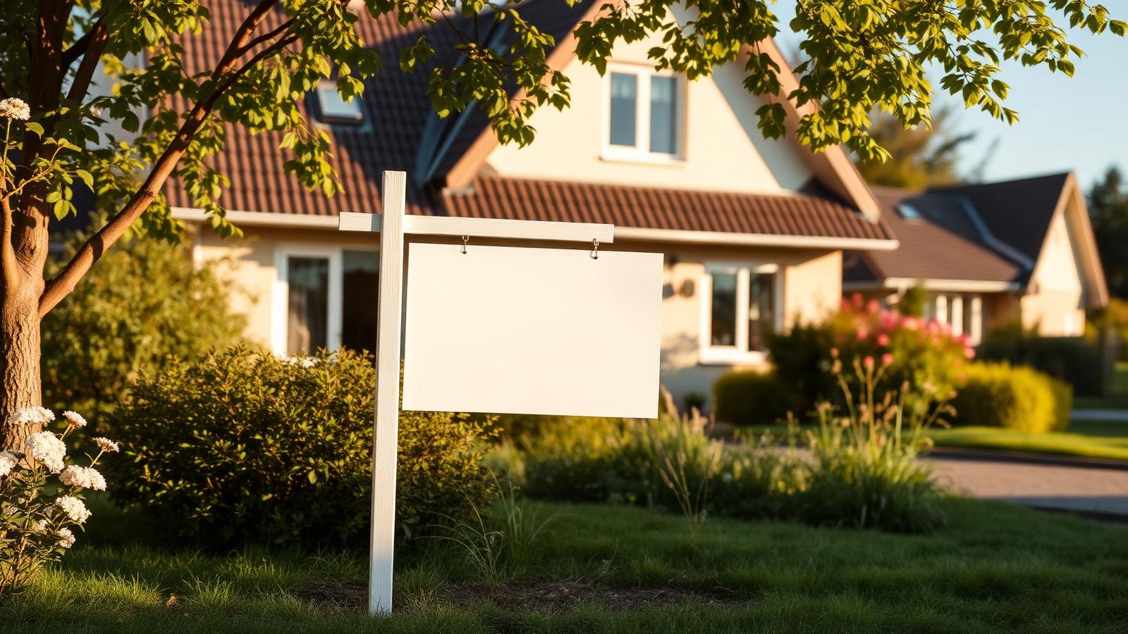 Zum Verkauf stehendes Einfamilienhaus mit Verkaufsschild im Vorgarten