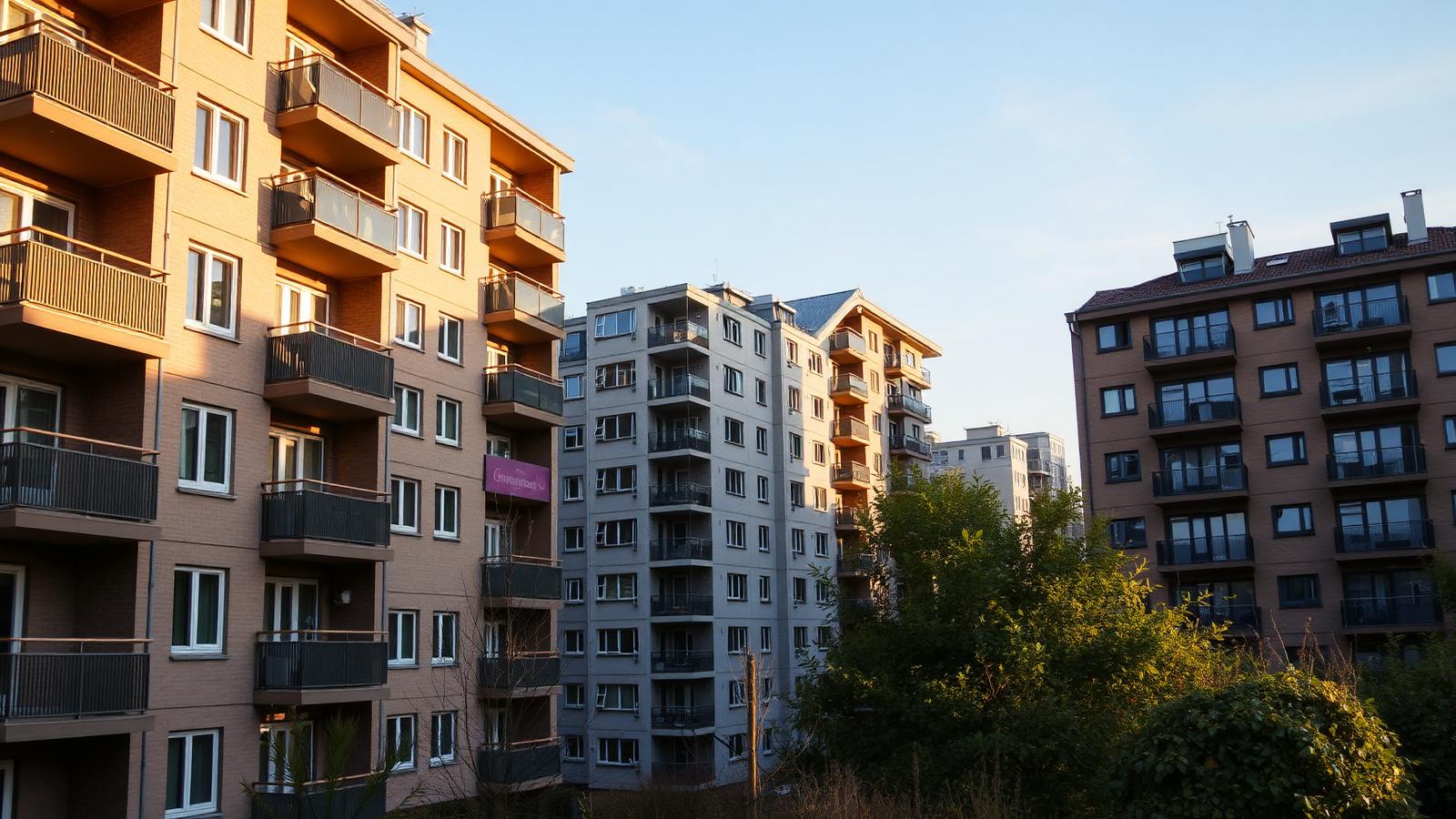 Reihenhäuser in einer deutschen Wohnsiedlung im Abendlicht