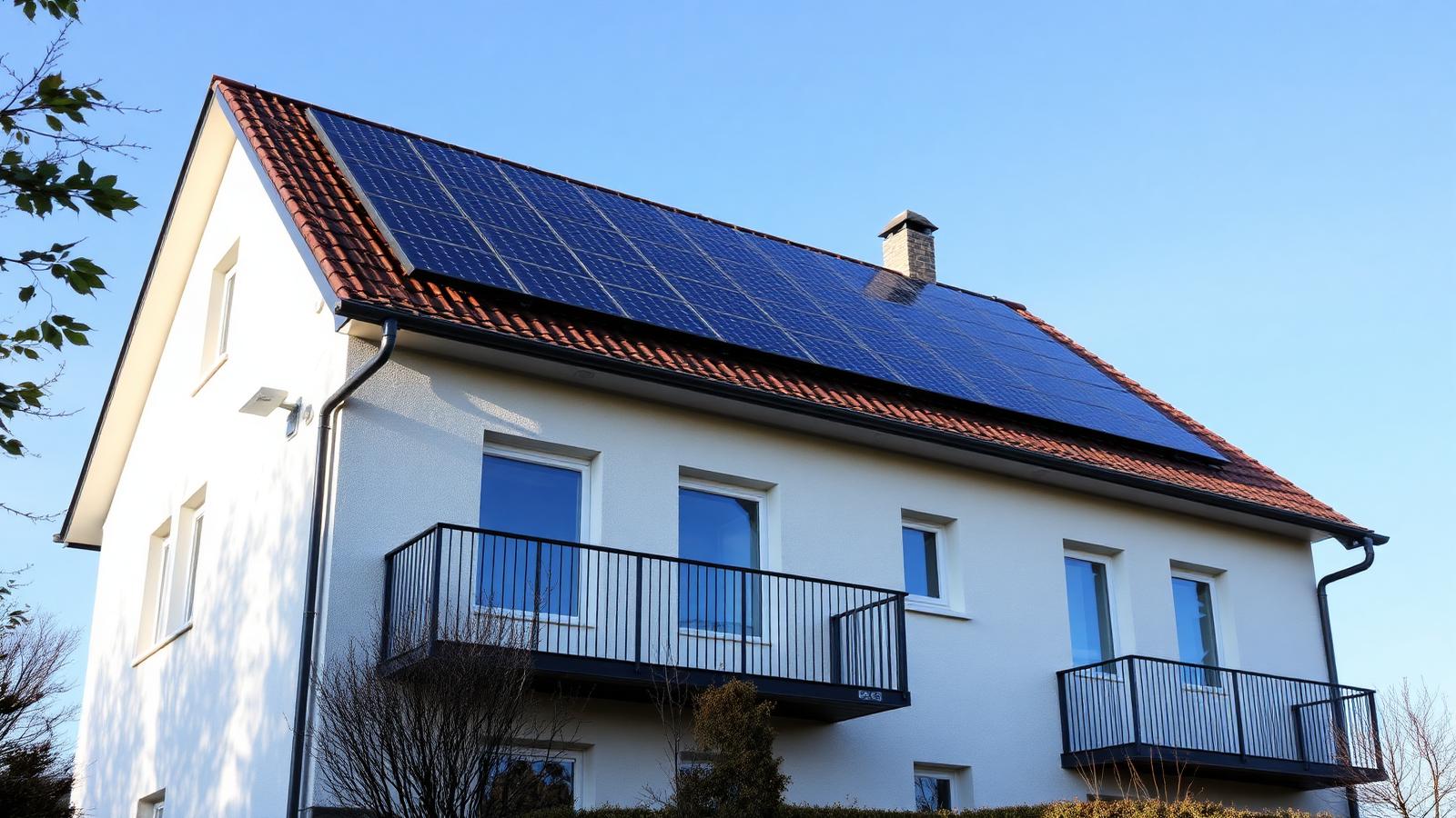Modernes Einfamilienhaus mit Solaranlage auf dem Dach