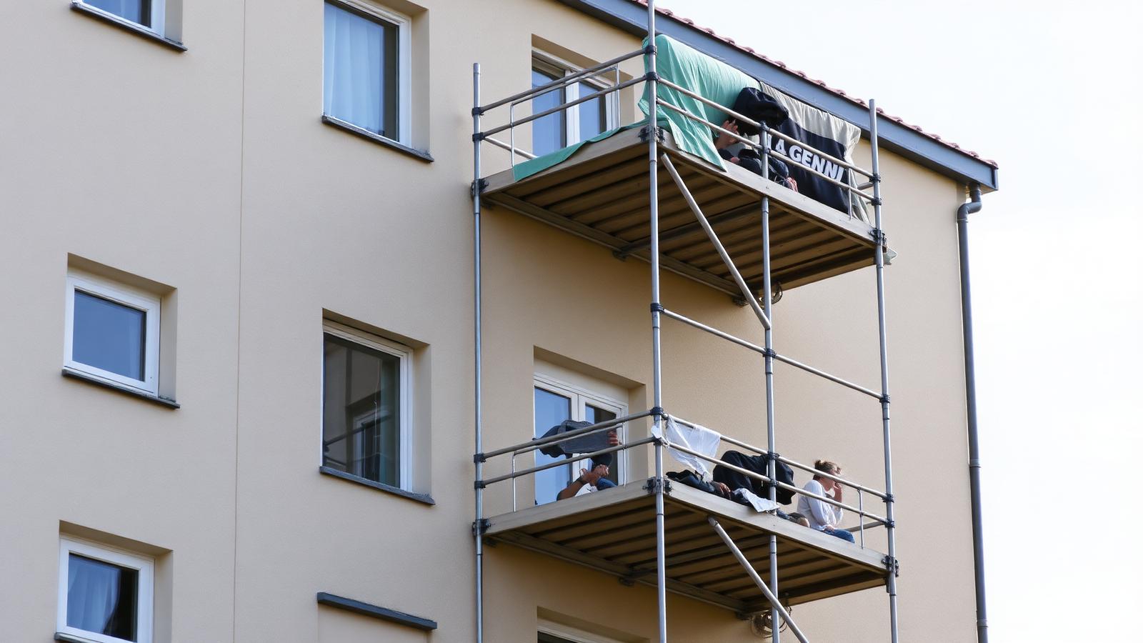 Gerüst an einem sanierten Mehrfamilienhaus