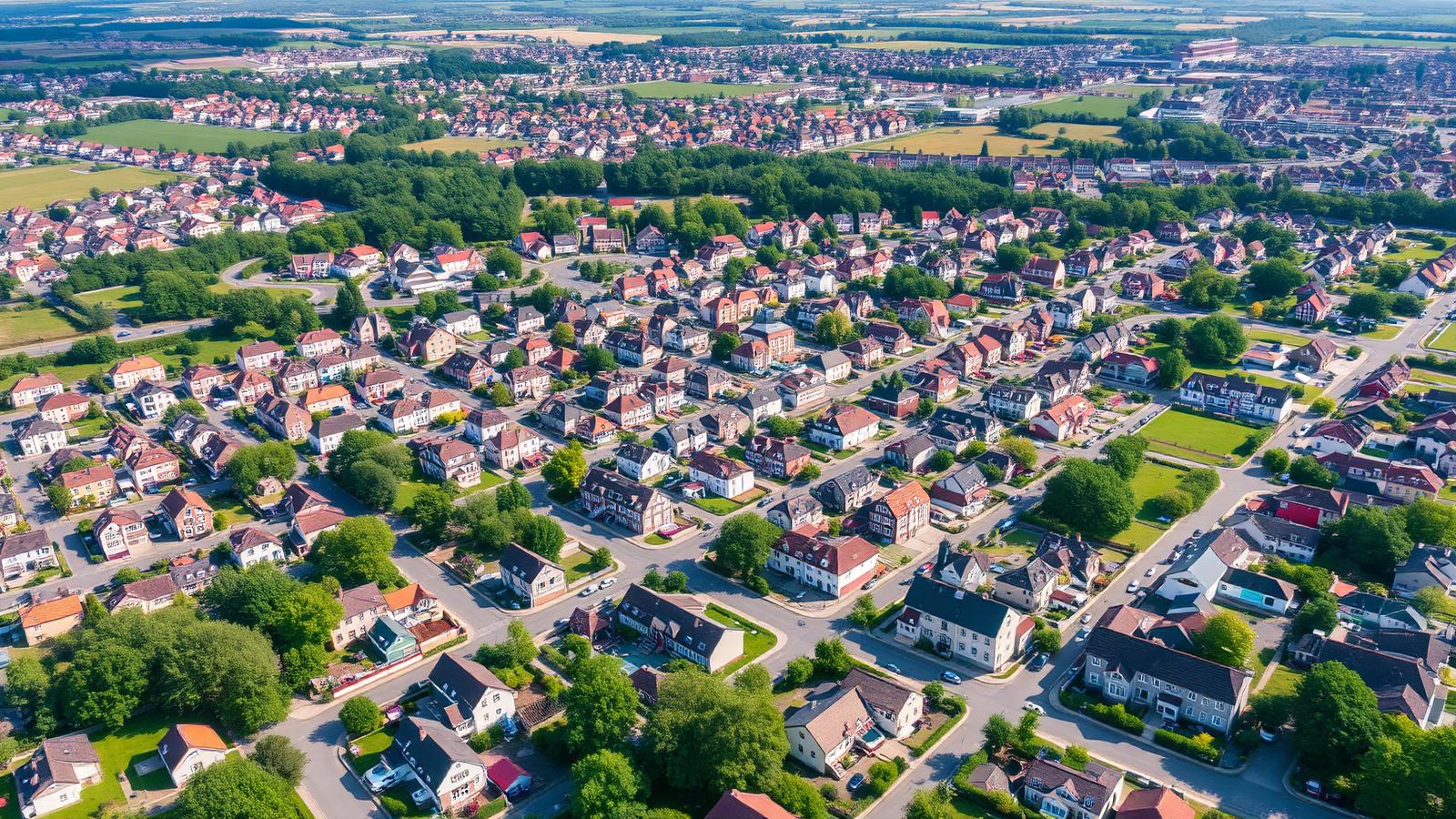Blick auf eine deutsche Kleinstadt mit Einfamilienhäusern und Feldern im Hintergrund