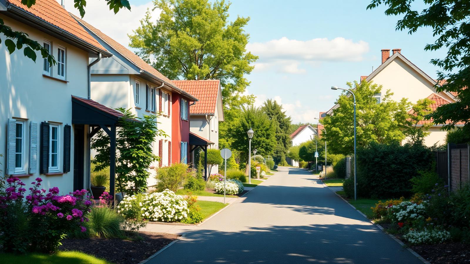 Sommerliche Straße mit Einfamilienhäusern und Vorgärten