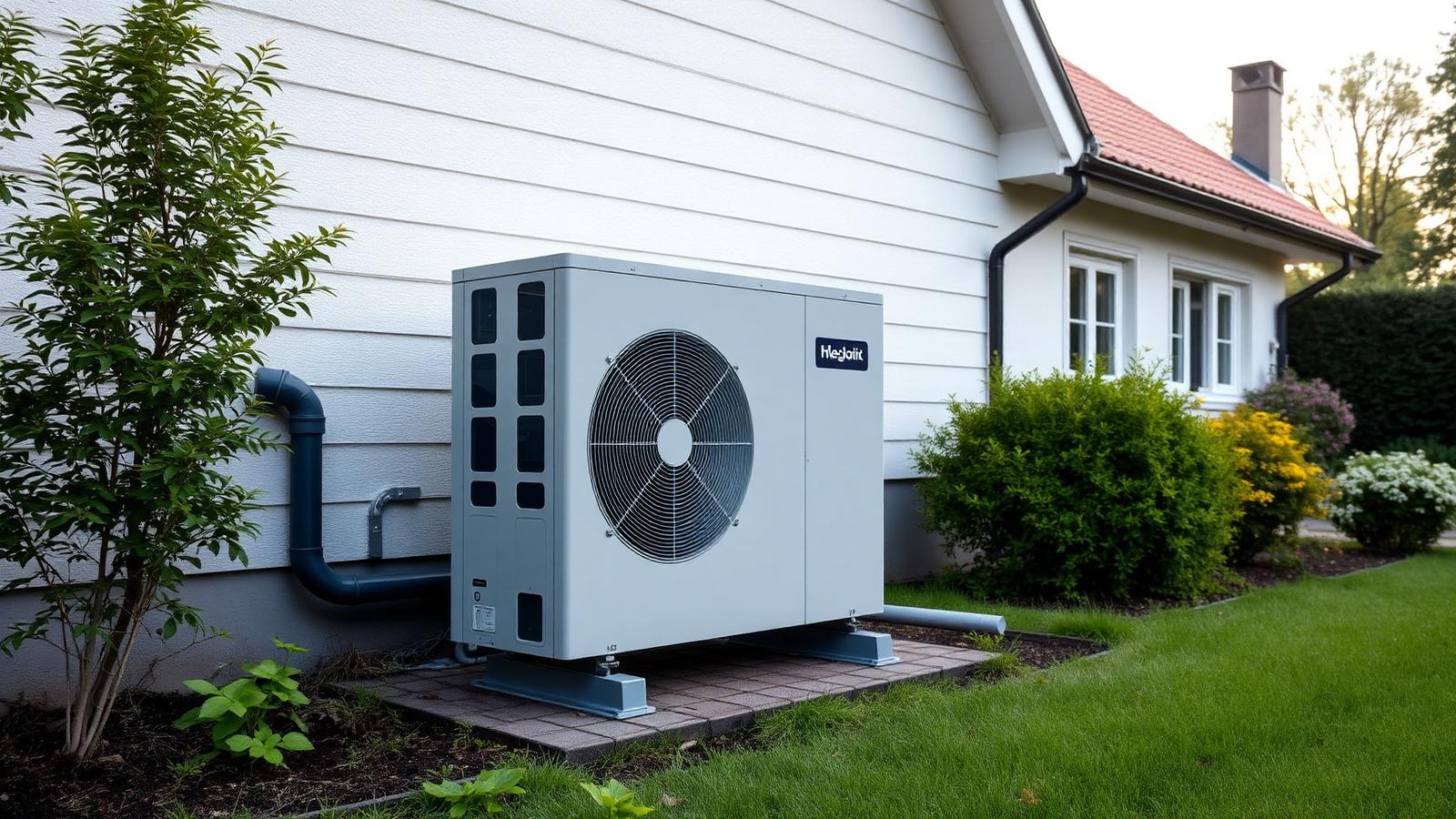 Außeneinheit einer Luftwärmepumpe im Garten eines Einfamilienhauses