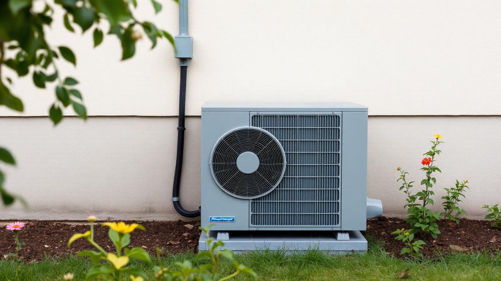 Außeneinheit einer Wärmepumpe an einem Wohnhaus