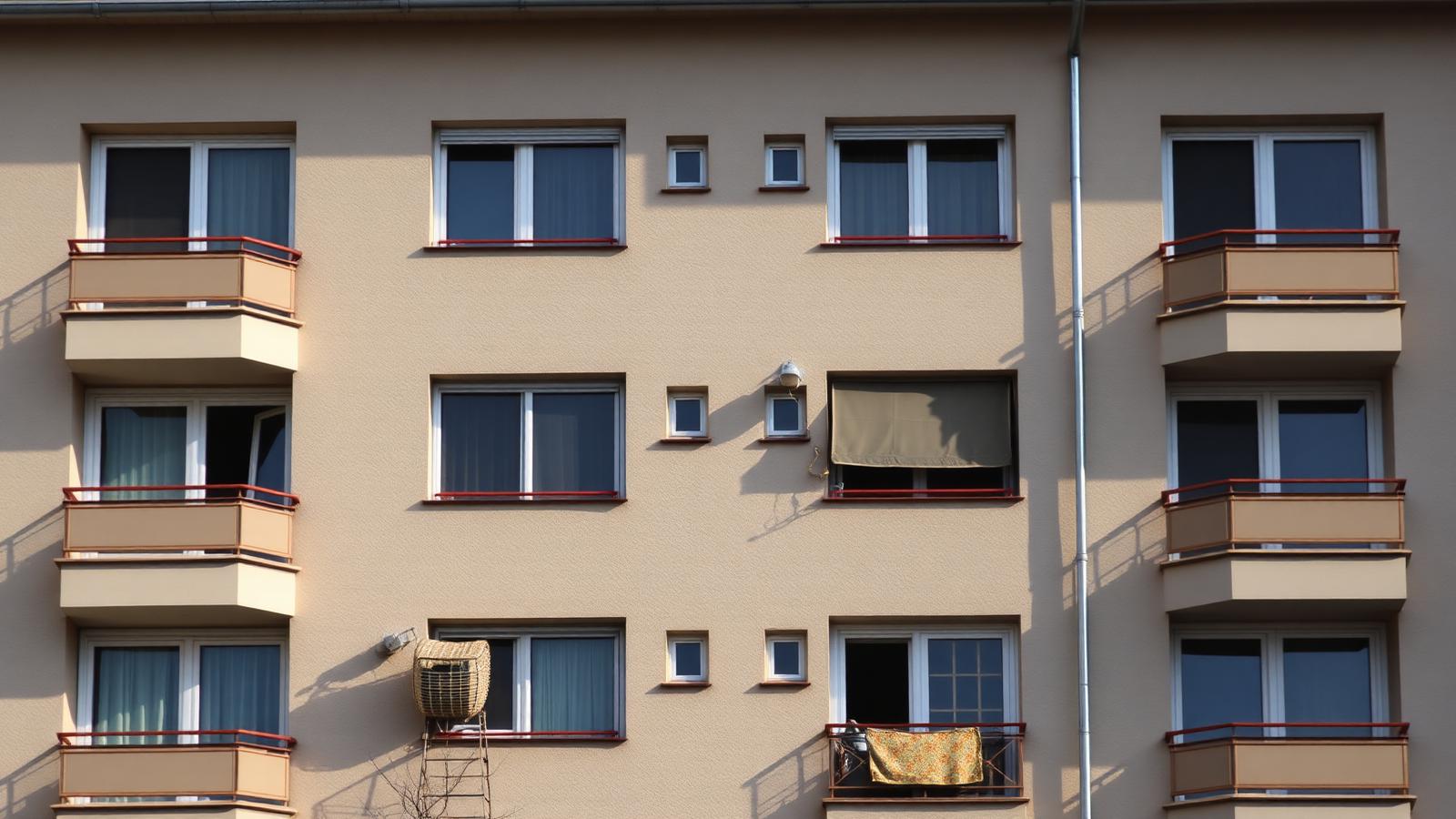 Mehrfamilienhaus mit mehreren Balkonen in einer deutschen Stadt