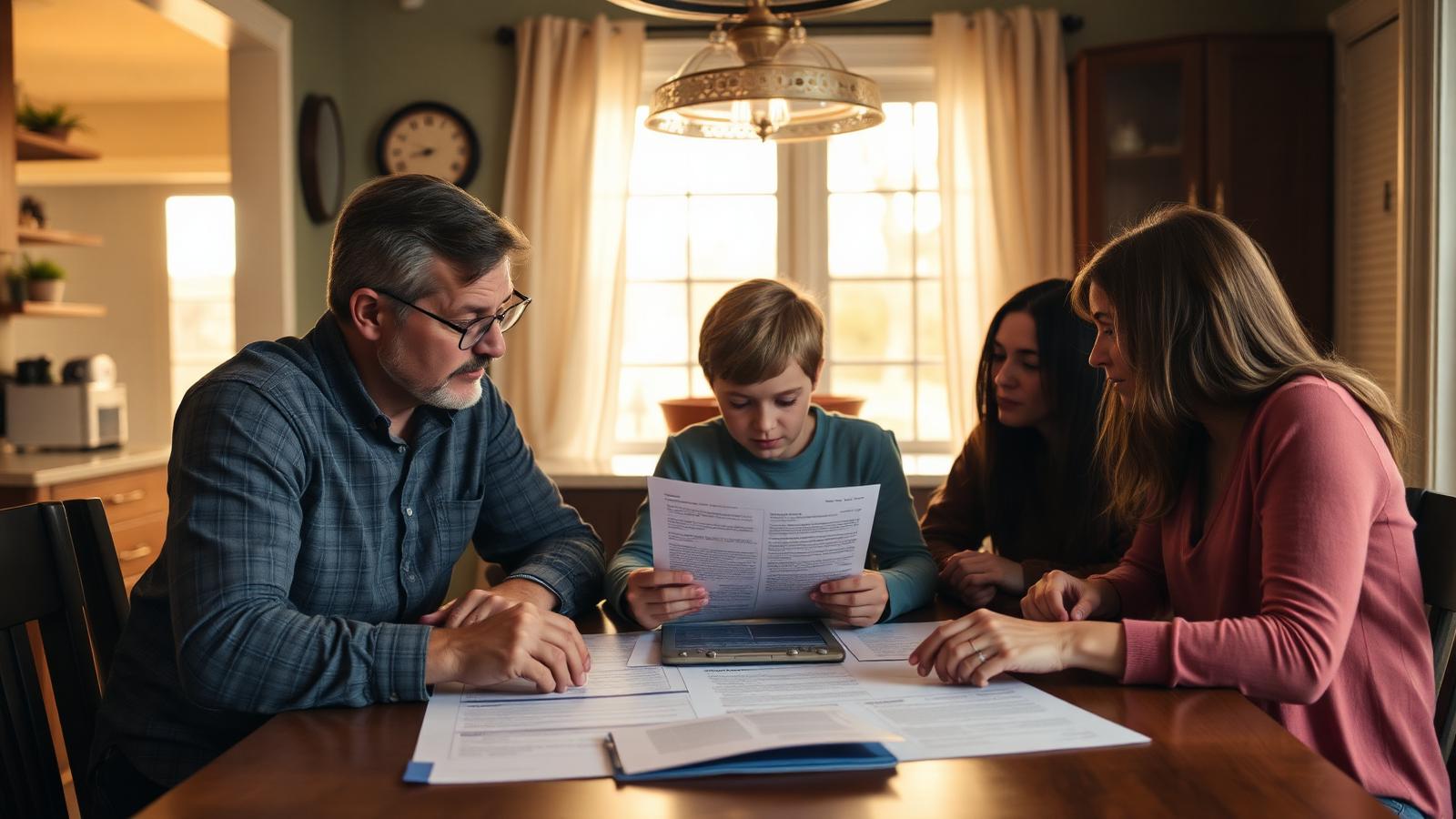 Familie sitzt am Küchentisch und bespricht Finanzierungsunterlagen
